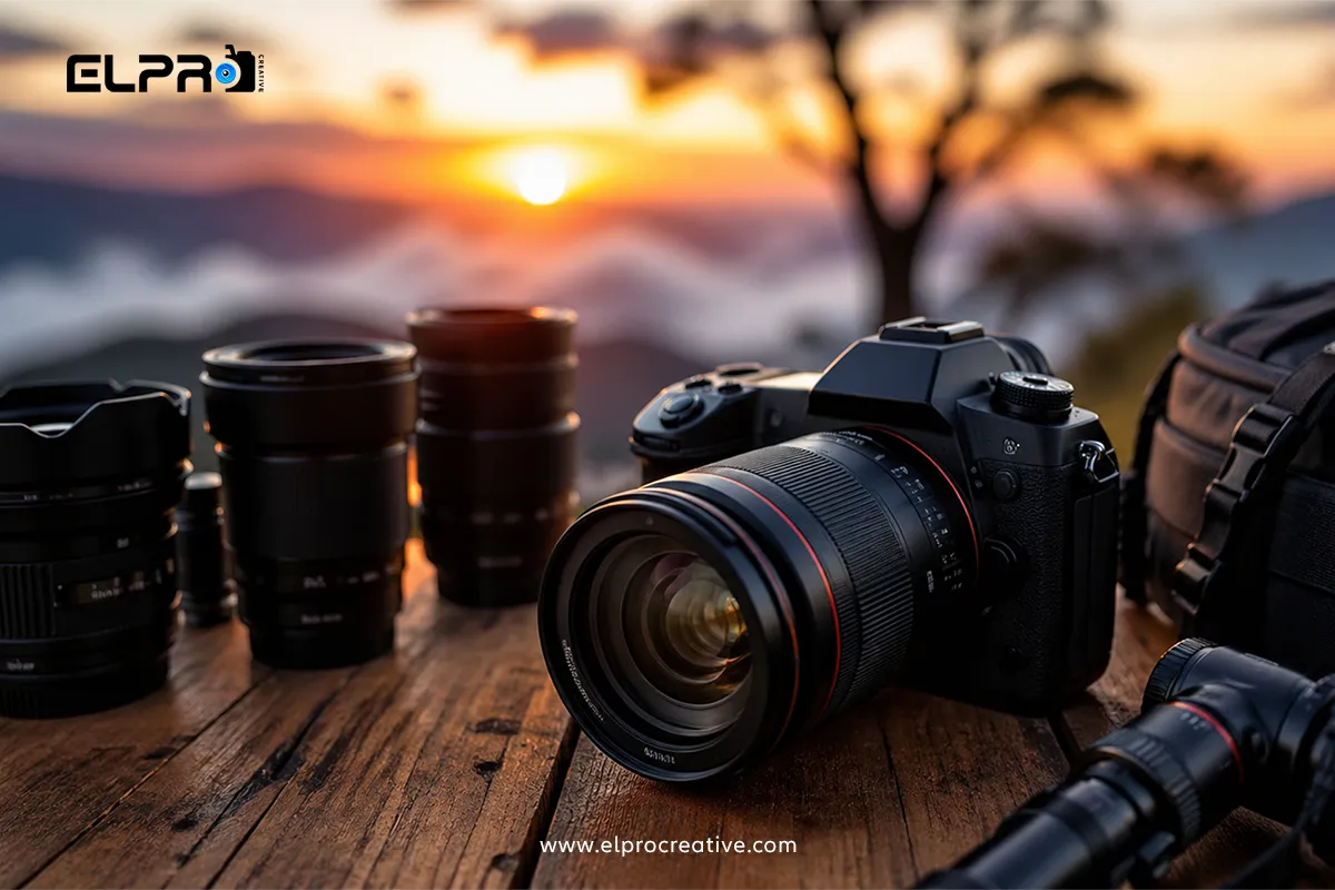 Kamera dan lensa fotografi dengan efek bokeh saat sunset sebagai representasi istilah istilah dalam dunia fotografi