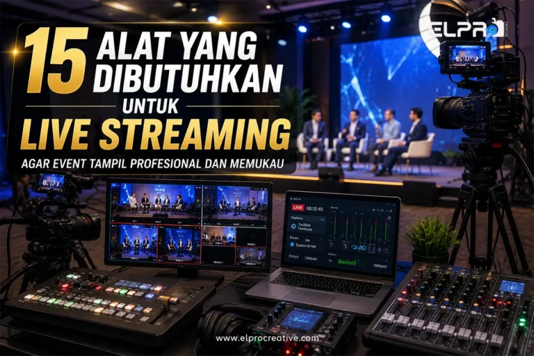 alat yang dibutuhkan untuk live streaming profesional dengan kamera, audio mixer, video switcher, dan lighting event