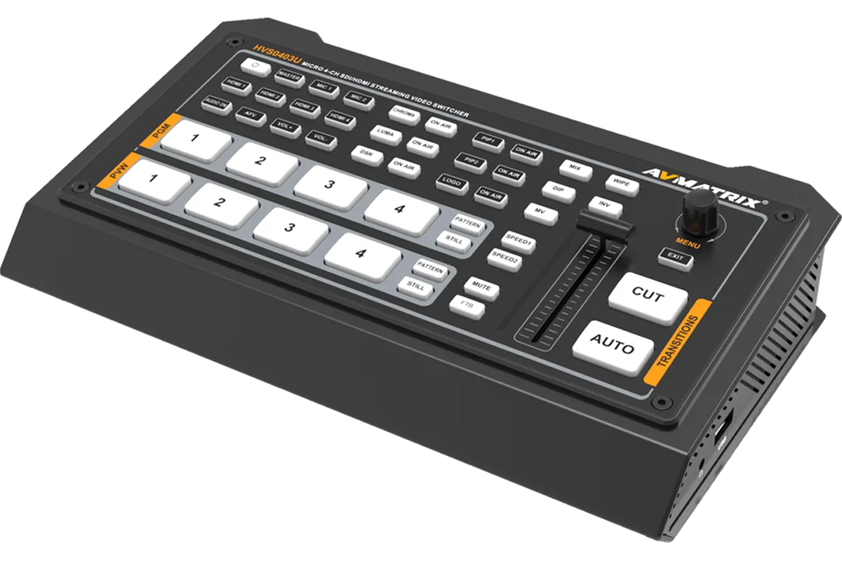 Switcher Video untuk Multicam AVMATRIX HVS0403U dengan kombinasi HDMI dan SDI, memberikan fleksibilitas tinggi untuk produksi event profesional.