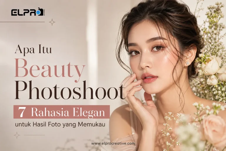 Beauty photoshoot profesional dengan model wanita elegan, makeup natural glowing, pencahayaan studio lembut, dan ornamen biru emas premium.