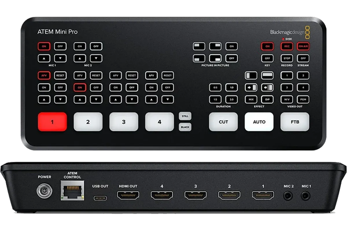 Switcher Video untuk Multicam Blackmagic ATEM Mini Pro dengan fitur live streaming dan recording, cocok untuk produksi event dan konten profesional.