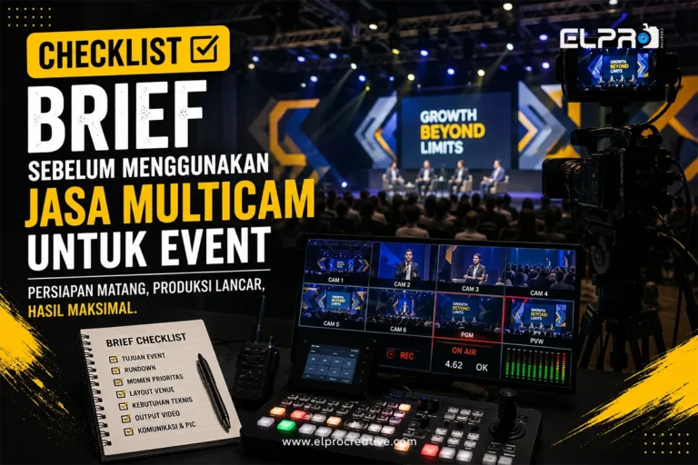 Ilustrasi checklist brief sebelum menggunakan jasa multicam untuk event dengan setup kamera profesional dan live production multicam.