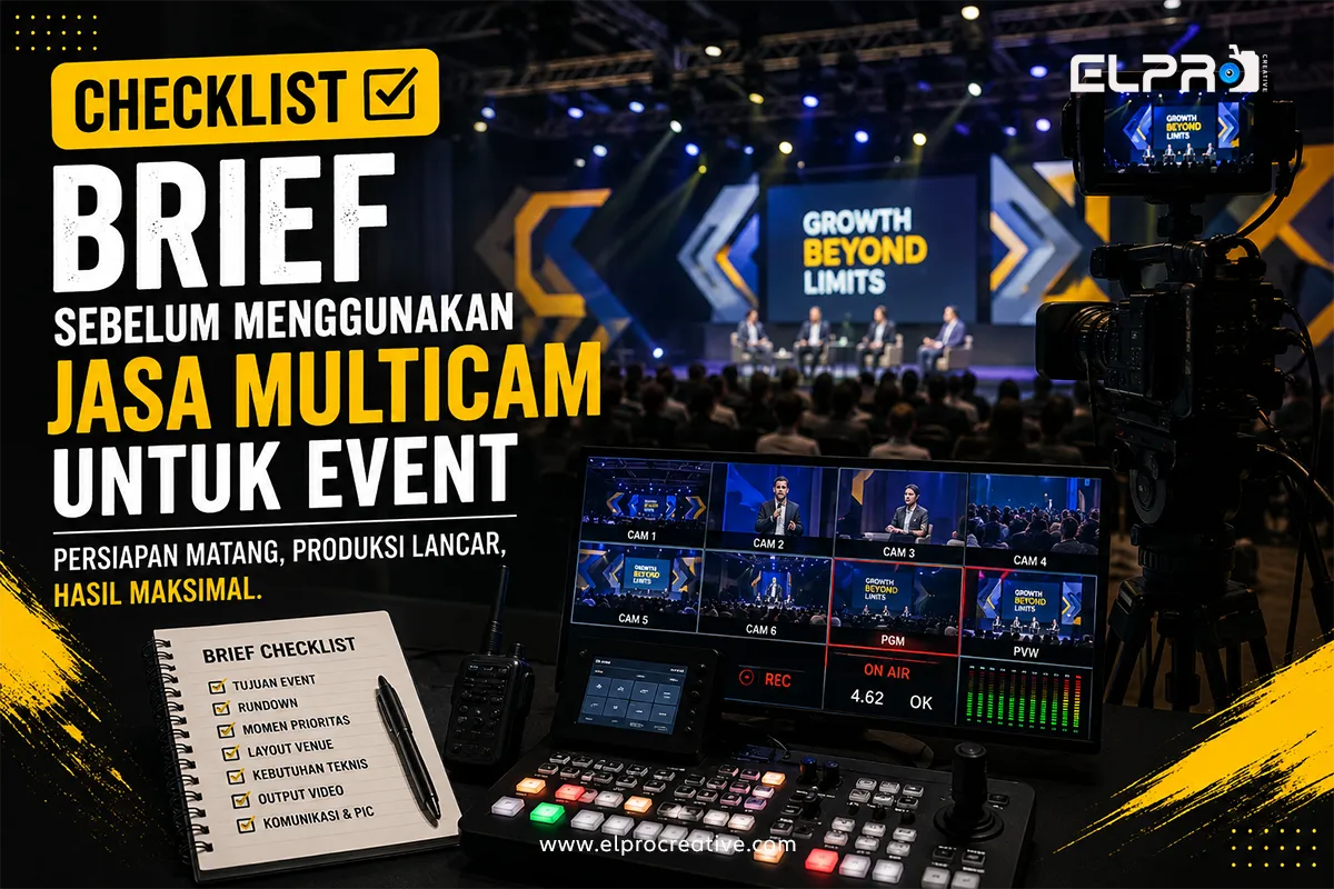 Ilustrasi checklist brief sebelum menggunakan jasa multicam untuk event dengan setup kamera profesional dan live production multicam.