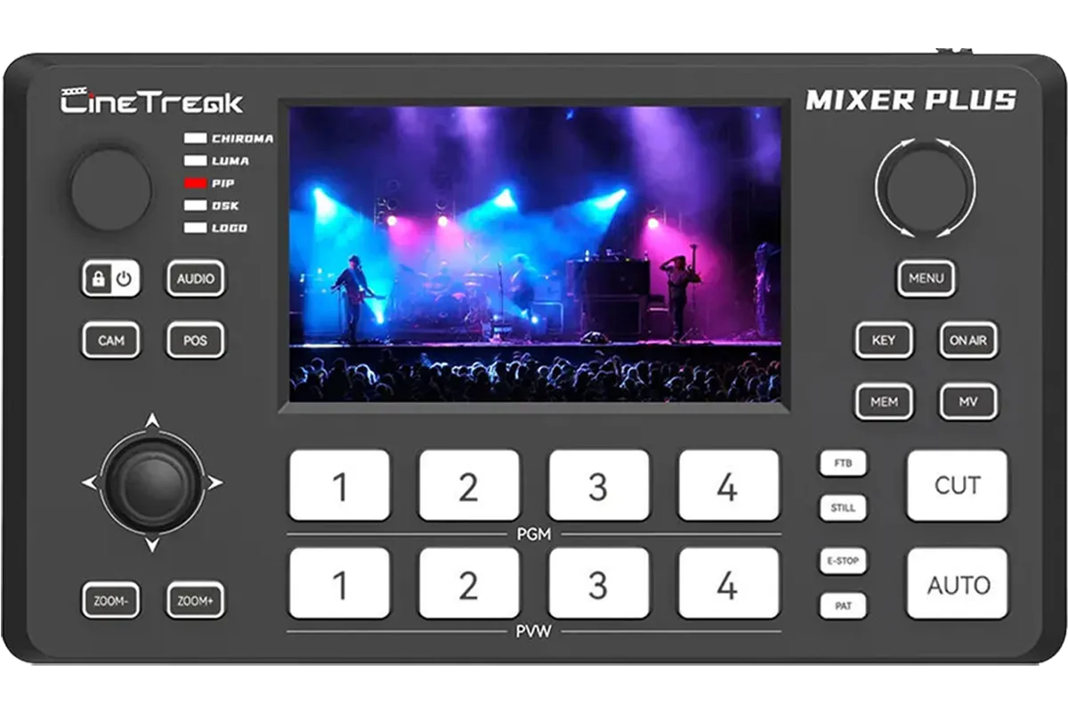 Switcher Video untuk Multicam CineTreak Mixer Plus dengan 4 input HDMI, ideal untuk live streaming sederhana dan produksi multicam skala kecil.