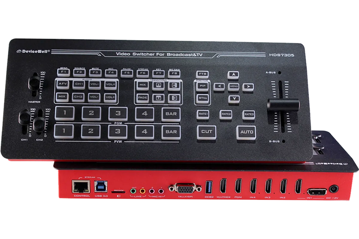 Switcher Video untuk Multicam DeviceWell HDS7305 all-in-one dengan fitur switching, recording, dan streaming dalam satu perangkat praktis.