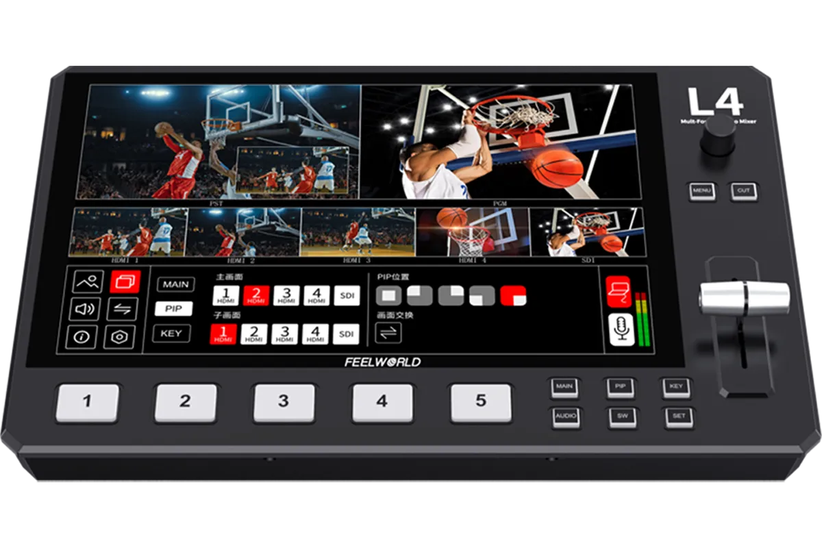Switcher Video untuk Multicam FeelWorld L4 dengan layar touchscreen modern, memudahkan kontrol live streaming dan switching kamera secara real-time.