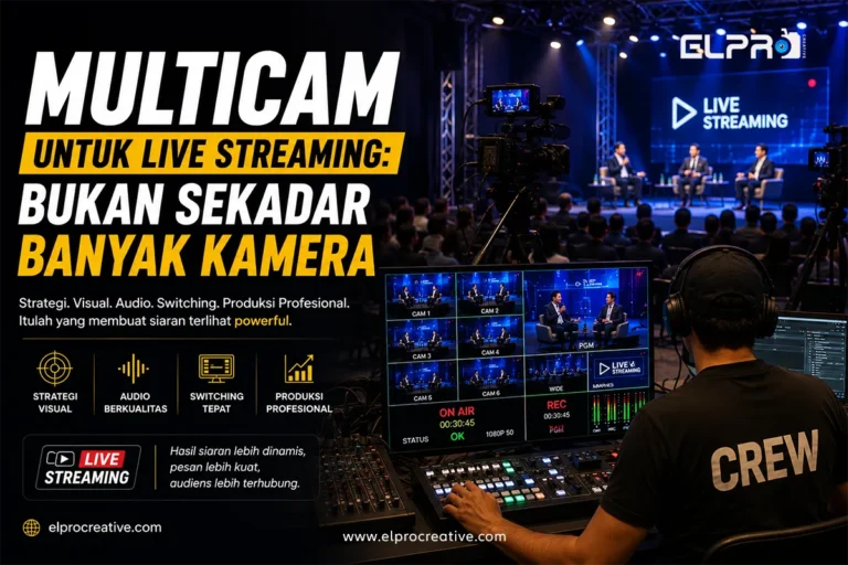 Tim produksi multicam live streaming profesional mengoperasikan beberapa kamera dan video switcher untuk acara live streaming event modern