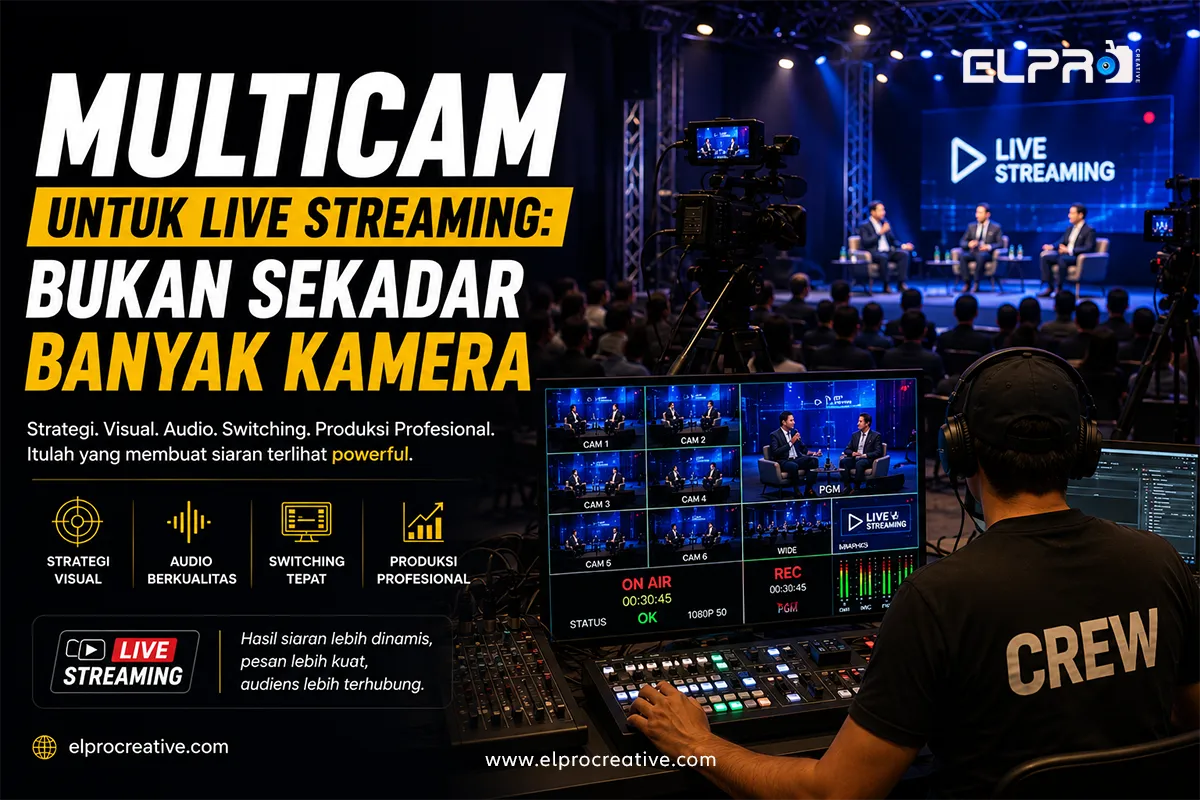 Tim produksi multicam live streaming profesional mengoperasikan beberapa kamera dan video switcher untuk acara live streaming event modern