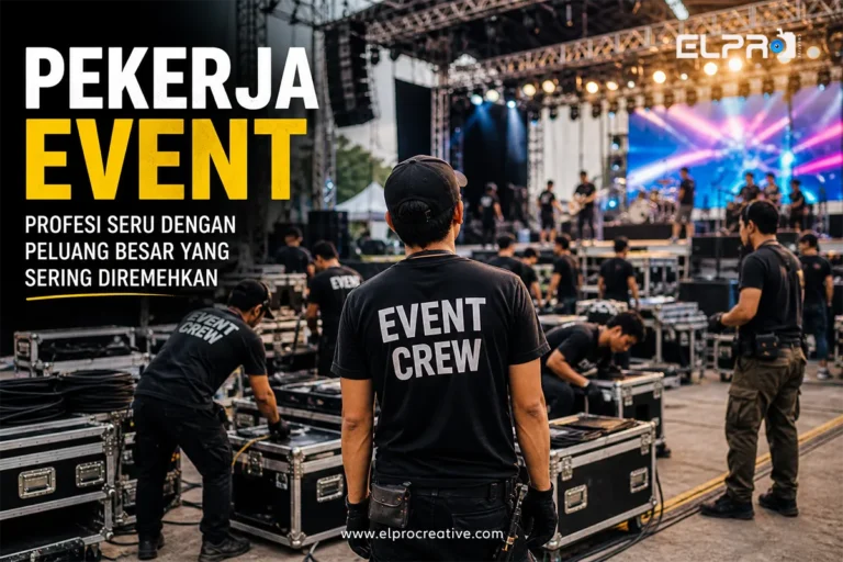 Pekerja event sedang mempersiapkan panggung konser dengan peralatan teknis dan lighting di area belakang panggung