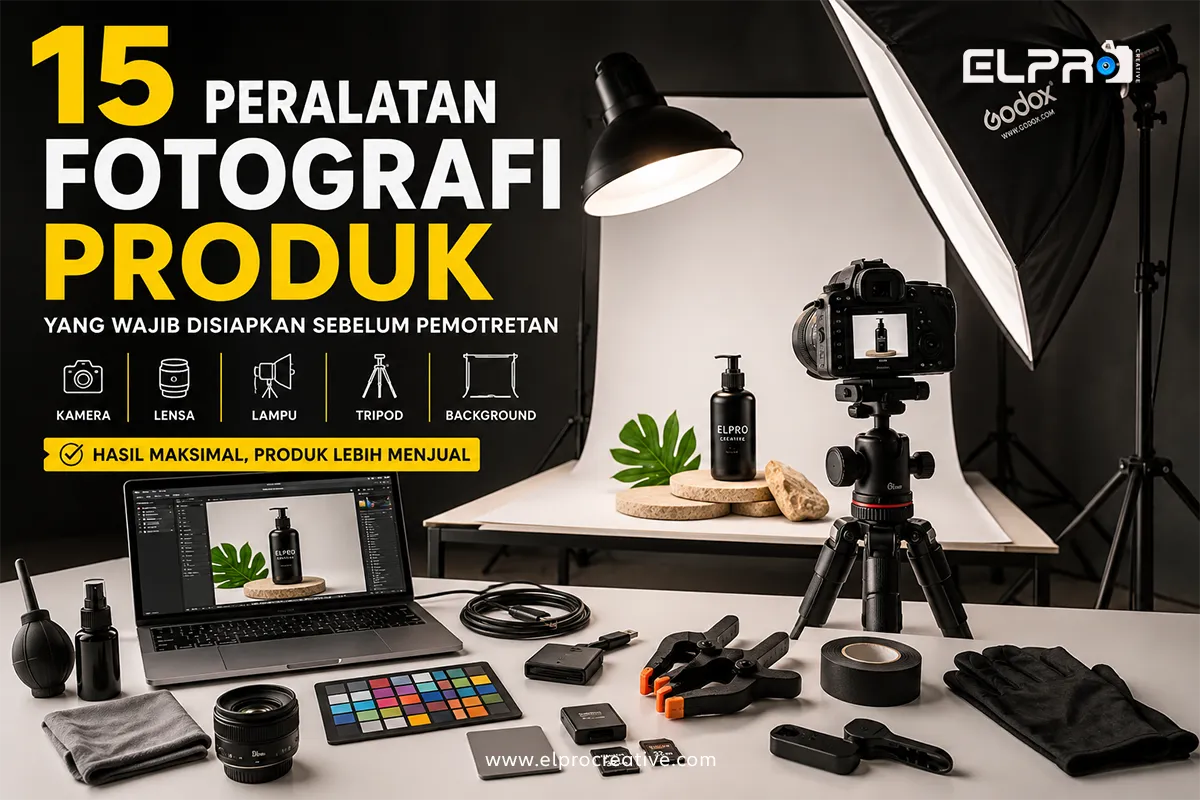Setup peralatan fotografi produk profesional dengan kamera, lighting studio, softbox, tripod, laptop editing, dan perlengkapan foto produk untuk pemotretan komersial di studio modern.