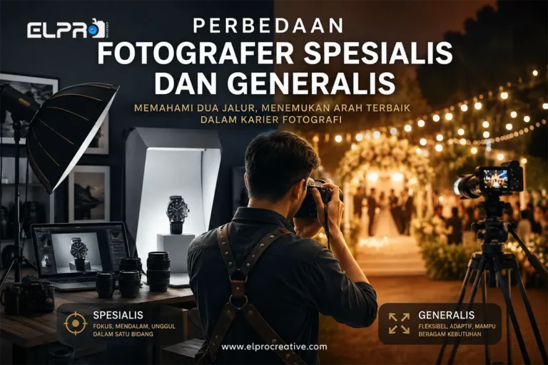 Fotografer profesional sedang memotret di dua suasana berbeda yang menggambarkan perbedaan fotografer spesialis dan generalis, dengan setting studio produk dan dokumentasi acara outdoor modern.