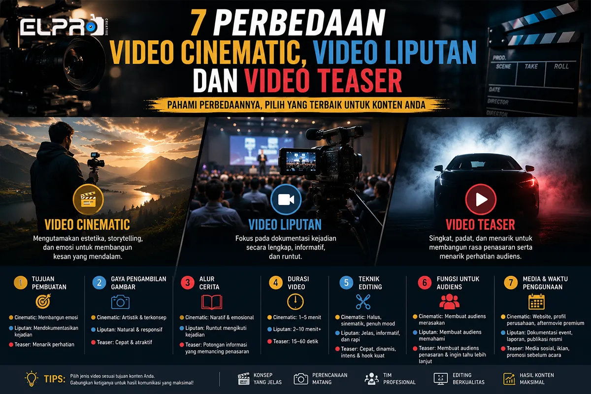 Infografis perbedaan video cinematic, video liputan, dan video teaser dalam produksi konten visual modern.
