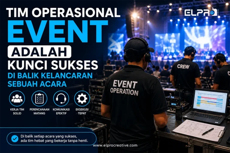 Ilustrasi tim operasional event yang bekerja di belakang layar sebuah acara profesional. Terlihat kru event memantau jalannya kegiatan melalui area kontrol, mengatur koordinasi teknis, komunikasi antar tim, serta memastikan seluruh proses acara berjalan lancar dan sesuai rundown. Tim operasional event menjadi faktor utama yang menentukan keberhasilan sebuah event dari tahap persiapan hingga evaluasi akhir.