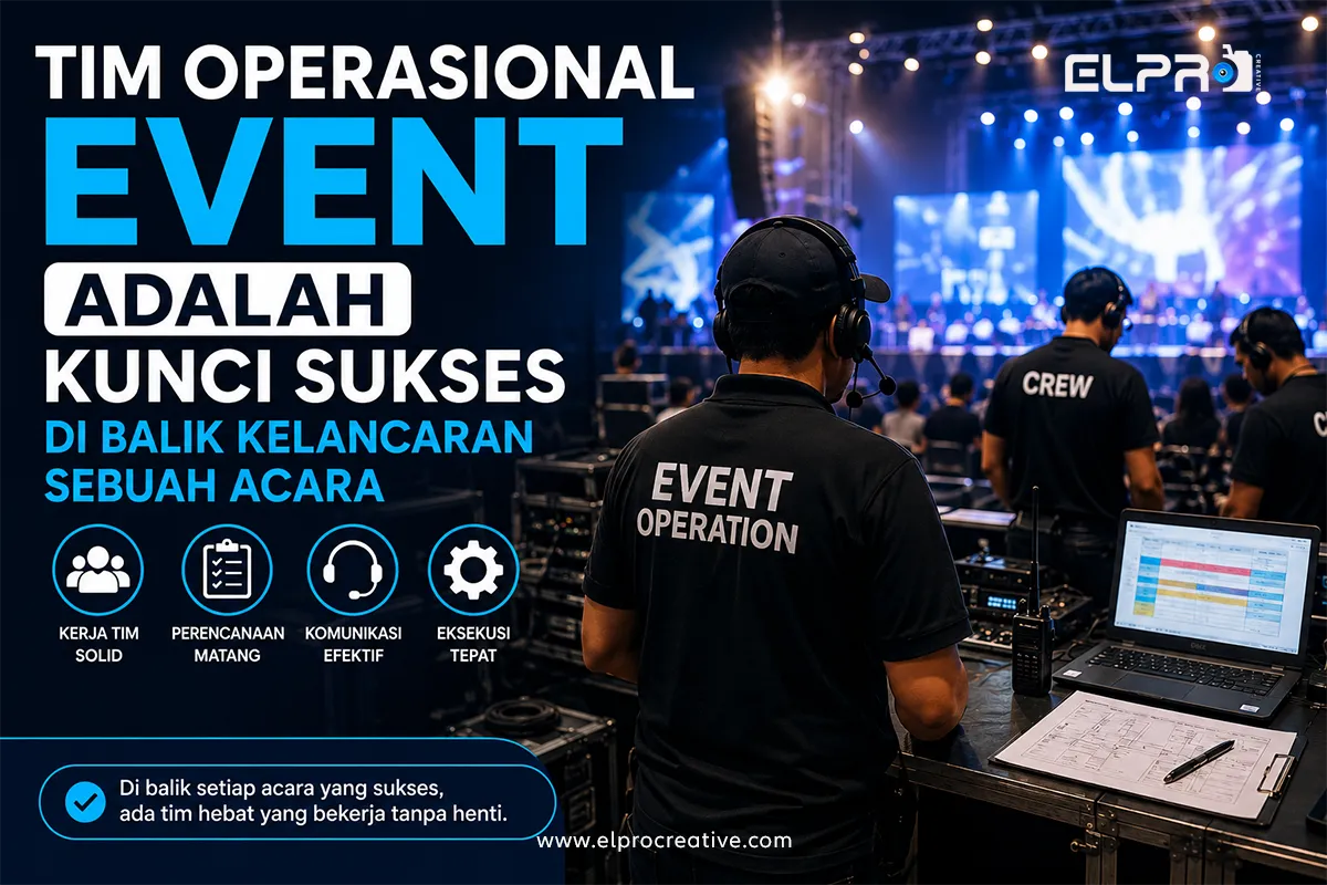 Ilustrasi tim operasional event yang bekerja di belakang layar sebuah acara profesional. Terlihat kru event memantau jalannya kegiatan melalui area kontrol, mengatur koordinasi teknis, komunikasi antar tim, serta memastikan seluruh proses acara berjalan lancar dan sesuai rundown. Tim operasional event menjadi faktor utama yang menentukan keberhasilan sebuah event dari tahap persiapan hingga evaluasi akhir.
