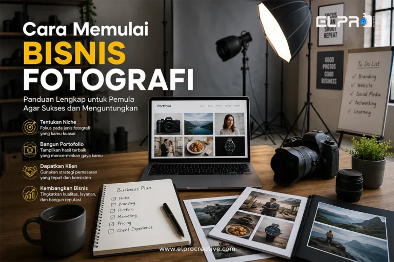 Cara Memulai Bisnis Fotografi untuk pemula dengan kamera, laptop, dan portofolio visual profesional.