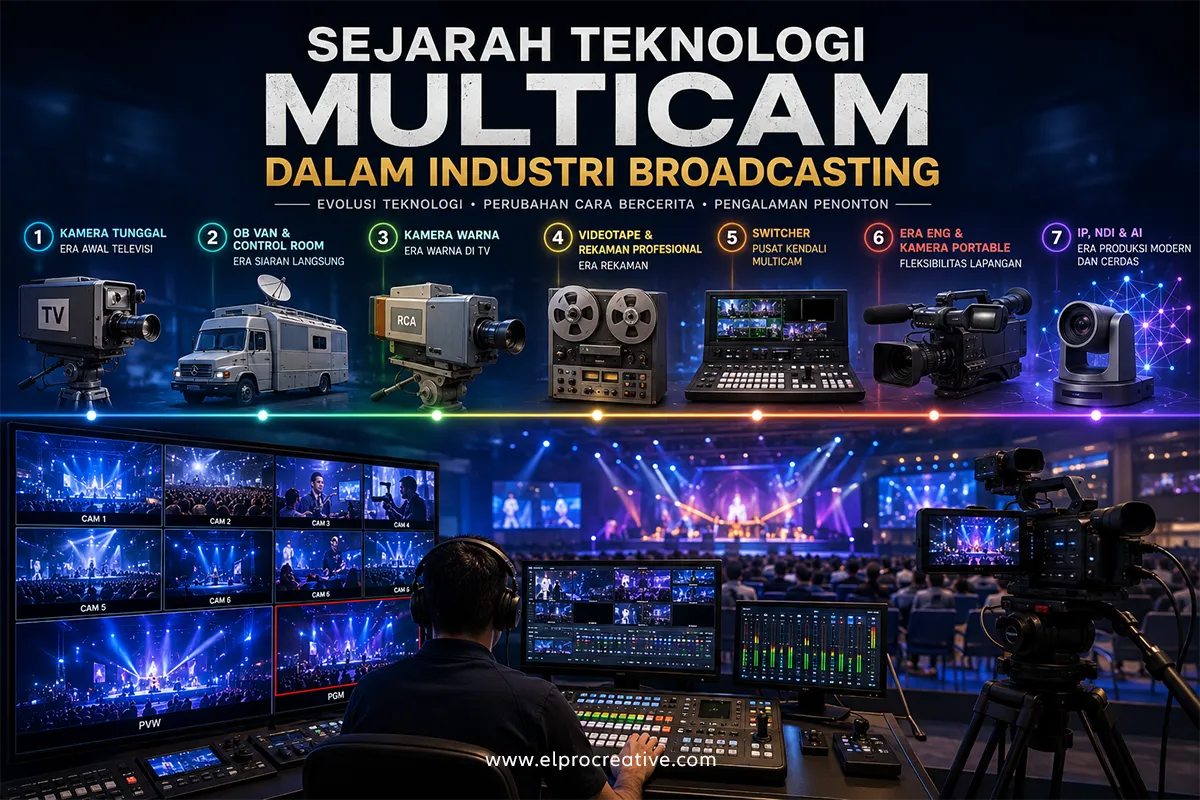 Sejarah teknologi multicam dalam industri broadcasting dari era kamera tunggal, OB Van, videotape, switcher, hingga sistem produksi berbasis IP dan AI modern.